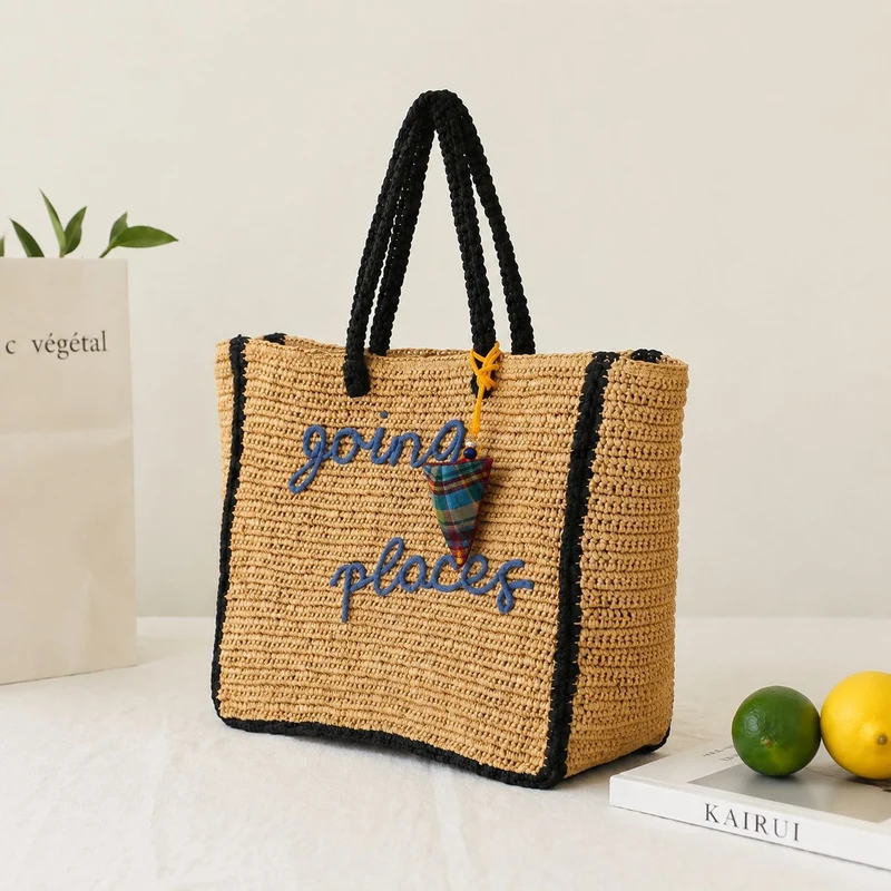Stroh-Tote-Bag mit farbenfroher Applikation Skanto