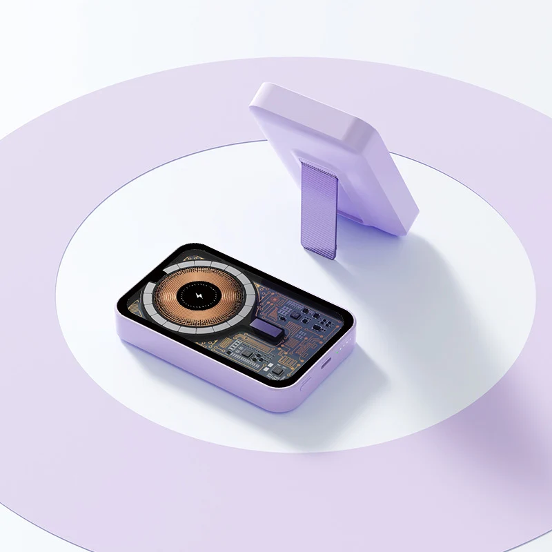 Tragbare Powerbank mit innovativem kabellosem Laden und integriertem Ständer Skanto