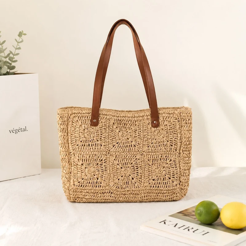 Natur-Bast-Shopper mit eleganten Ledergriffen Skanto