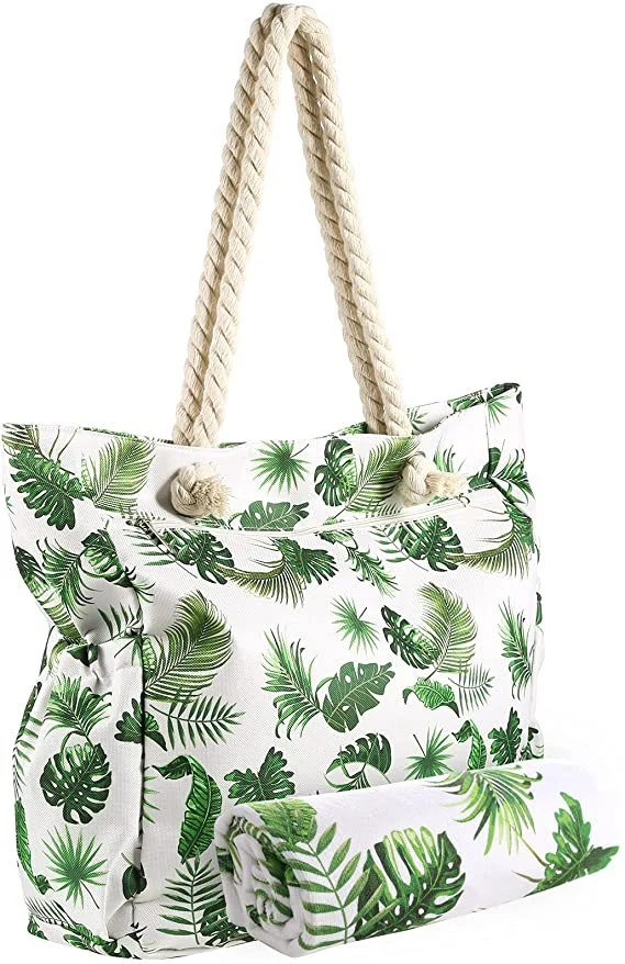 Strandtasche mit botanischem Motiv und robusten Seilriemen Skanto
