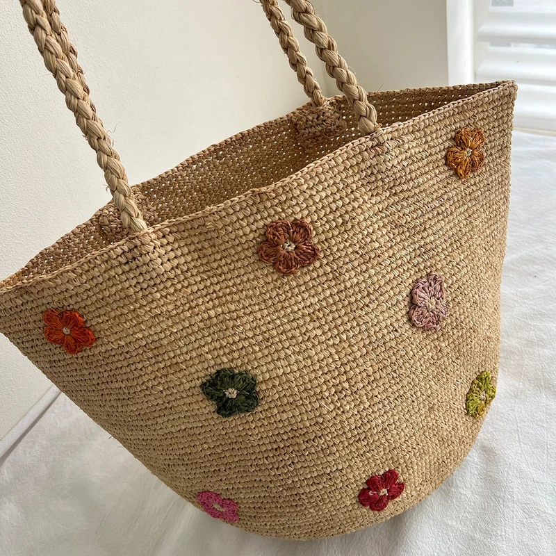 Handgemachte Strohtasche mit buntem Zitronen-Design Skanto