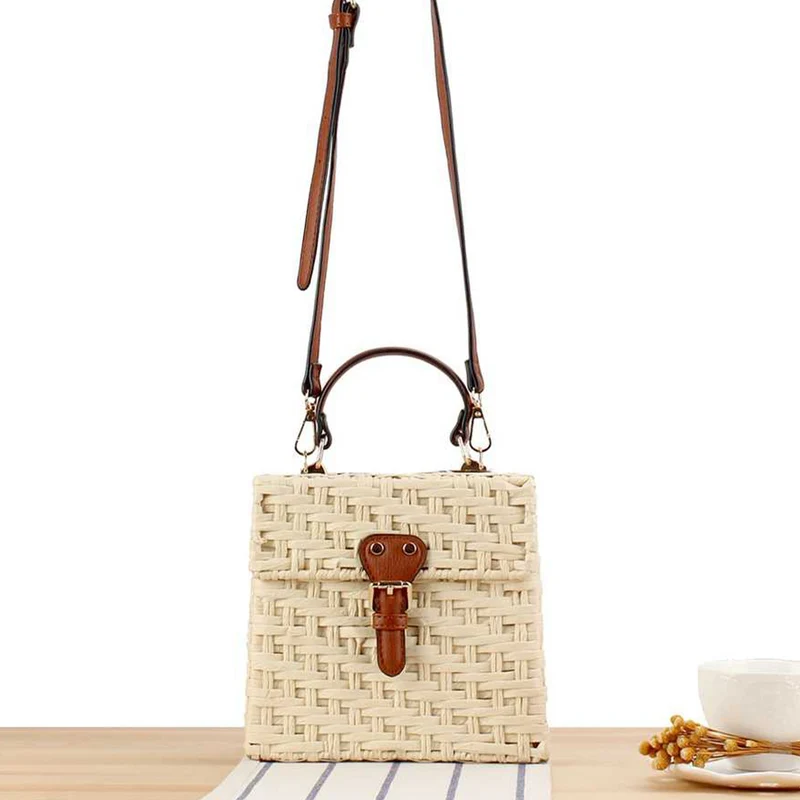 Handtasche aus handgewebtem Naturmaterial mit stilvollem Lederverschluss Skanto