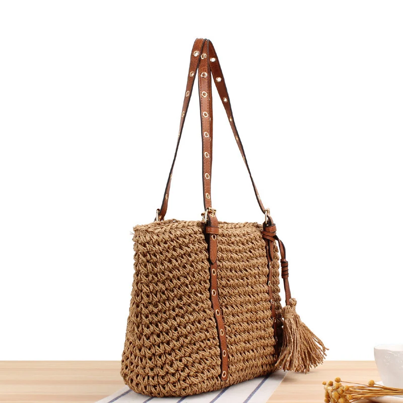 Große gewebte Strandtasche mit eleganten Kontrastgriffen Skanto