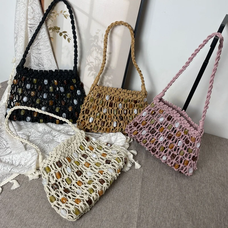 Handgeknüpfte Netztasche mit Zierperlen Skanto