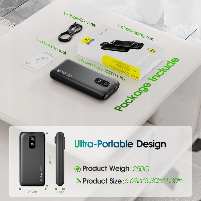 Tragbare Powerbank mit integrierten Ladekabeln und LCD-Bildschirm Skanto