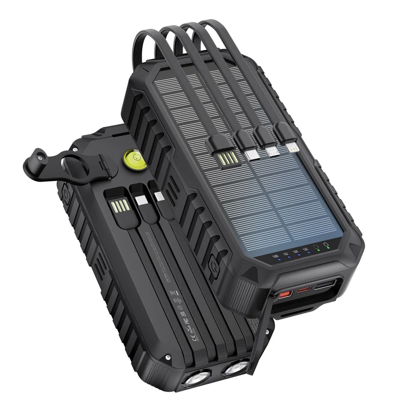 Solar-Powerbank mit integrierten Ladekabeln und LED-Taschenlampe Skanto