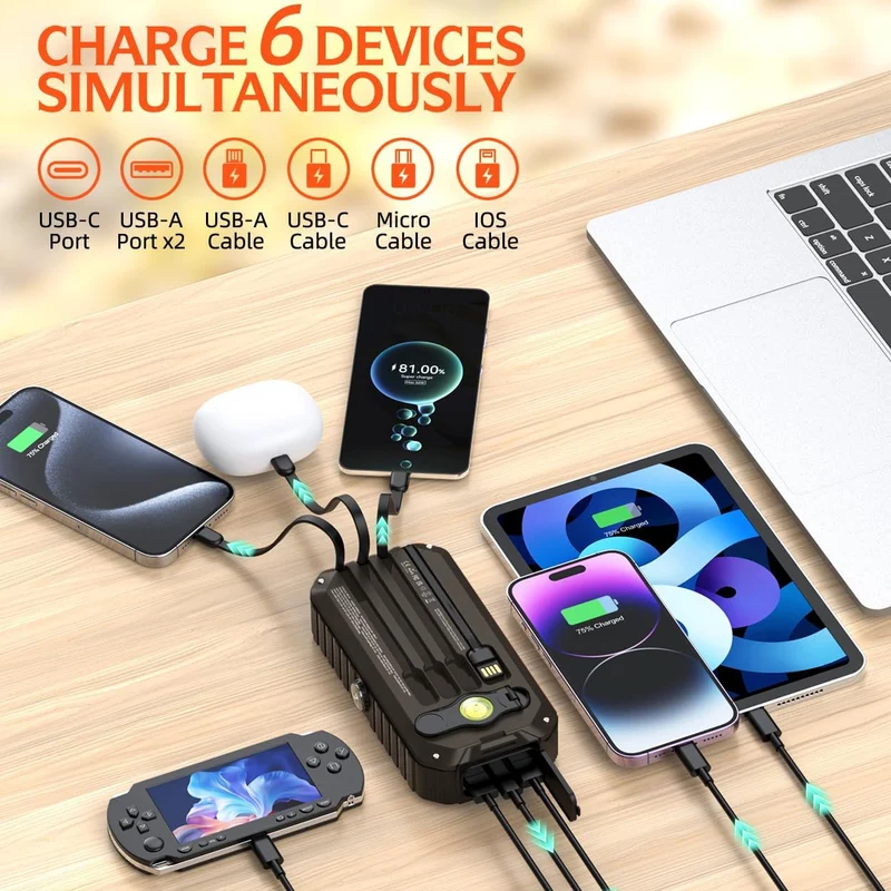 Solar-Powerbank mit integrierten Ladekabeln und LED-Taschenlampe Skanto