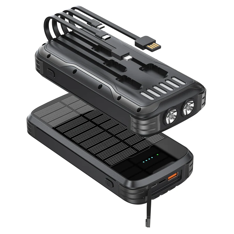 Solar-Powerbank mit integriertem LED-Licht und mehreren Ladeanschlüssen Skanto