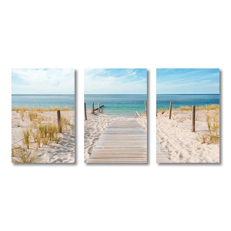 3er-Set Blaue Ozean Sandstrand Wandkunst Fine Art Leinwanddruck Inspiration Meereslandschaften Bilder der Gelassenheit für das Wohnzimmer | Skanto