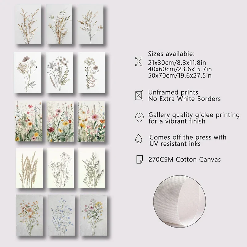 3er-Set Wildblumen Wandkunst Fine Art Leinwanddrucke Minimalistische Botanische Drucke Poster Bilder für Wohnzimmer Deko | Skanto