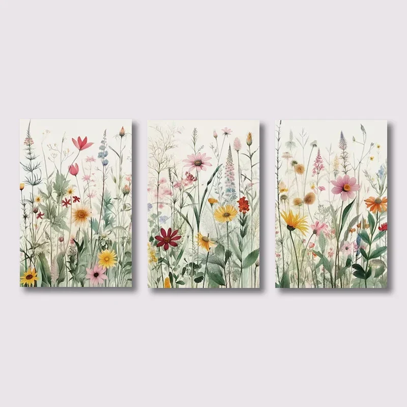 3er-Set Wildblumen Wandkunst Fine Art Leinwanddrucke Minimalistische Botanische Drucke Poster Bilder für Wohnzimmer Deko | Skanto