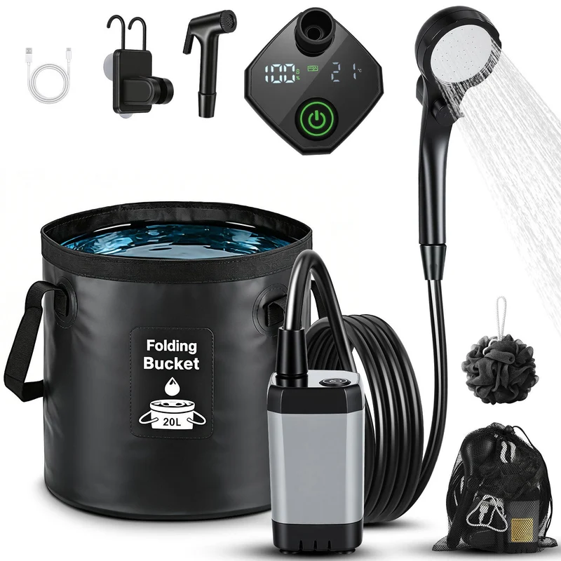 Tragbare Campingdusche batteriebetrieben Outdoor-Dusche mit 20L faltbarem Eimer | Skanto