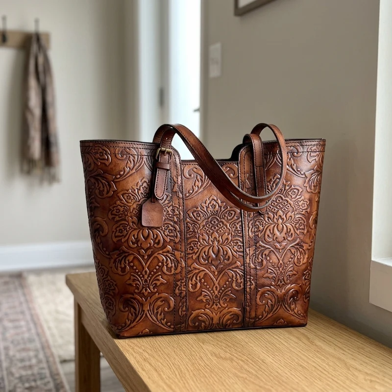 Handmade Vintage Genuine Leather Flower Pattern Women Bag
