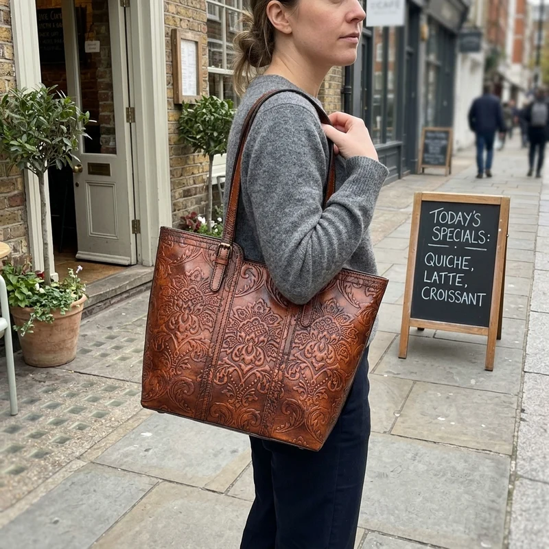 Handmade Vintage Genuine Leather Flower Pattern Women Bag