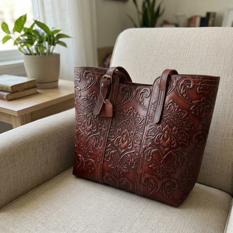 Handmade Vintage Genuine Leather Flower Pattern Women Bag