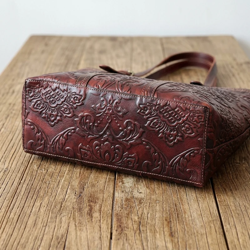 Handmade Vintage Genuine Leather Flower Pattern Women Bag