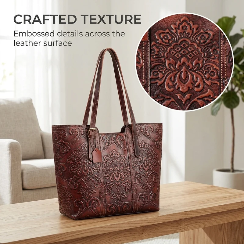 Handmade Vintage Genuine Leather Flower Pattern Women Bag