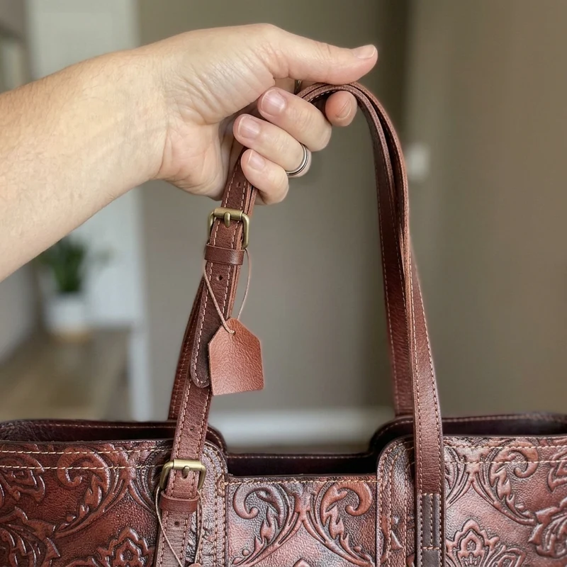 Handmade Vintage Genuine Leather Flower Pattern Women Bag