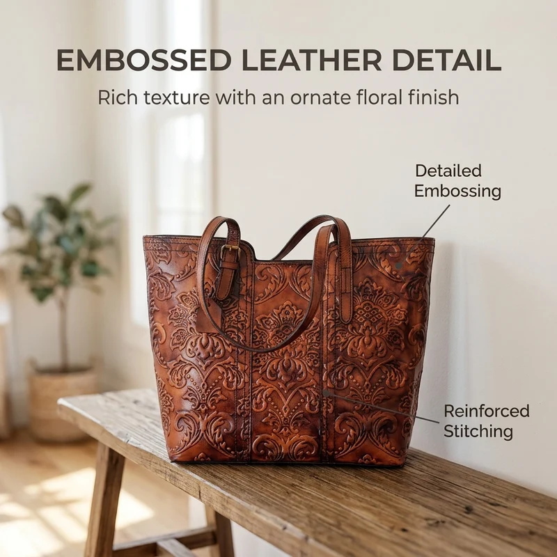 Handmade Vintage Genuine Leather Flower Pattern Women Bag