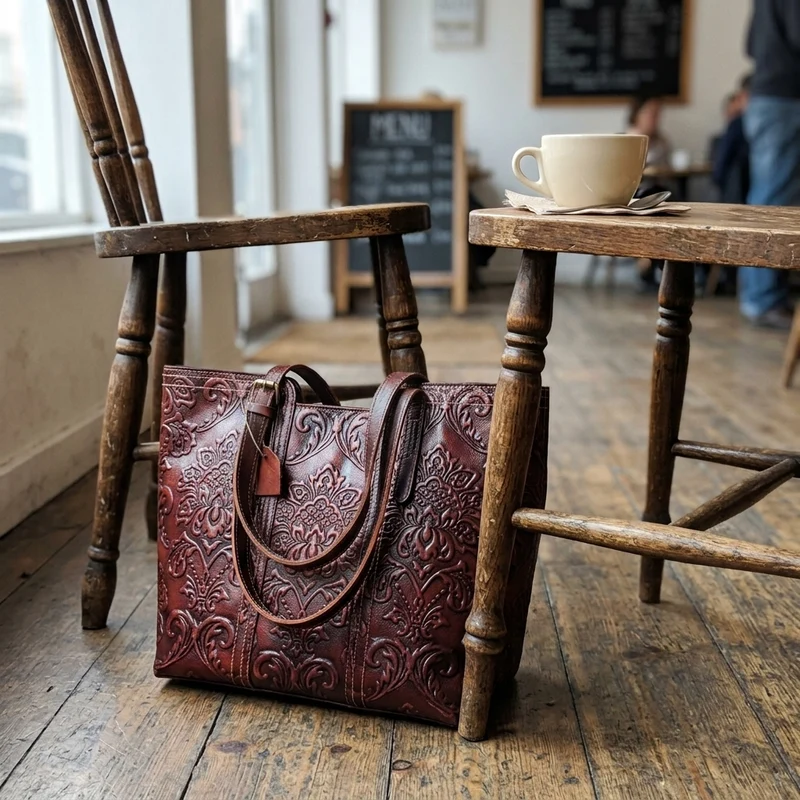 Handmade Vintage Genuine Leather Flower Pattern Women Bag