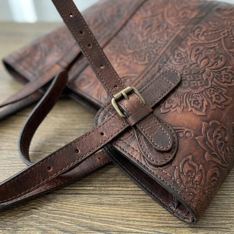Handmade Vintage Genuine Leather Flower Pattern Women Bag